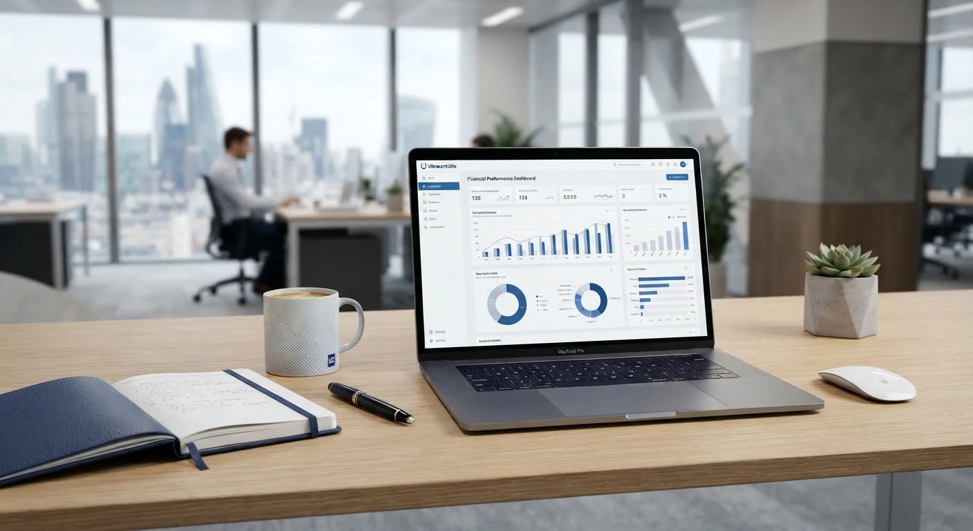 Dashboard del sistema contable Ultracontable con balances e informes financieros en una laptop